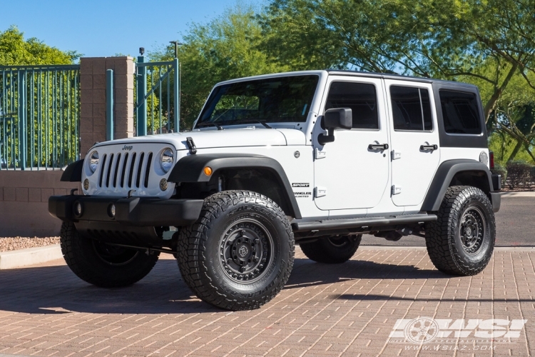 2017 Jeep Wrangler with 17" Black Rhino Armory in Gun Black wheels