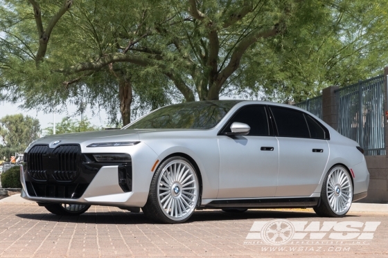 2024 BMW i7 with 24" Koko Kuture Parlato 24-26 in Gloss Silver Machined (Polished Lip) wheels