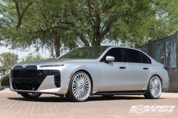 2024 BMW i7 with 24" Koko Kuture Parlato 24-26 in Gloss Silver Machined (Polished Lip) wheels